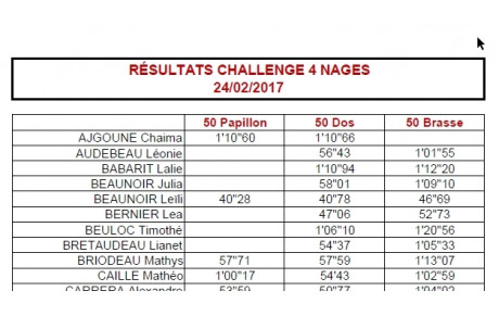 Résultats Challenge 4 Nages - Cholet