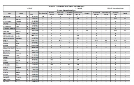 Résultats évaluations Sauv'Nage Décembre 2018